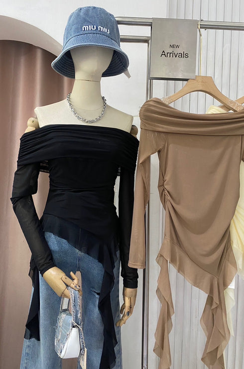 High Fashion Off-Shoulder Frill Long Sleeves Tops