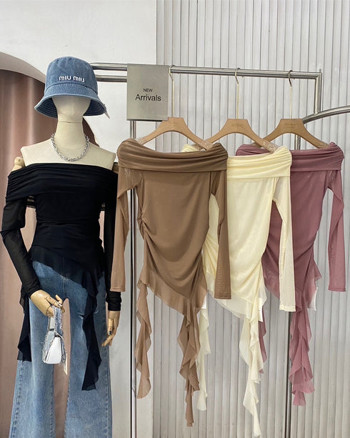High Fashion Off-Shoulder Frill Long Sleeves Tops
