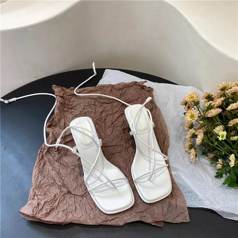 Fashion Thin Narrow Band Strap Gladiator Tied Wing Heel Sandals
