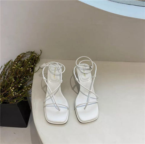 Fashion Thin Narrow Band Strap Gladiator Tied Wing Heel Sandals