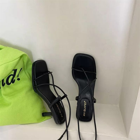 Fashion Thin Narrow Band Strap Gladiator Tied Wing Heel Sandals